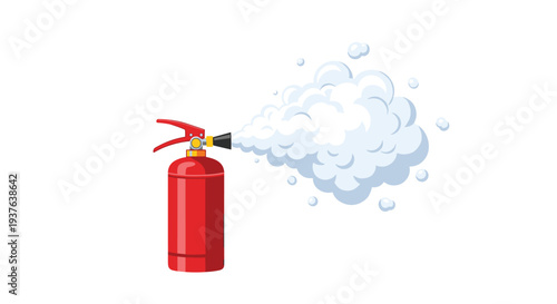 A vibrant red fire extinguisher with a yellow handle and black nozzle is actively releasing a large plume of white smoke on a clean white background.