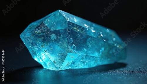 Wallpaper Mural Bright blue crystal with rough texture shines with soft light on dark background. Irregular gem reflects light, showing internal facets, inclusions. Natural mineral specimen glows with turquoise Torontodigital.ca