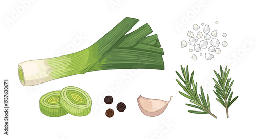 A fresh whole leek, two sliced leek rings, black peppercorns, a garlic clove, coarse sea salt, and two rosemary sprigs are laid out on a white surface.