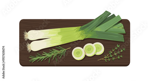 Two fresh whole leeks, two sliced leek rings, a sprig of rosemary, and a sprig of thyme are neatly arranged on a dark wooden cutting board.