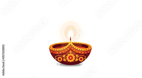 A single ornate clay diya lamp, decorated with red and gold floral patterns, glows brightly with a lit wick.