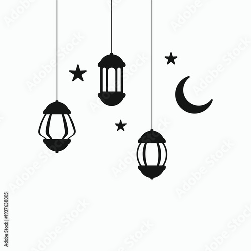 Ramadan Kareem hanging lanterns vector illustration with crescent moon and stars in flat silhouette style