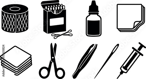 Flat design black medical supply icons set close up top view showing cotton swab syringe needle scissors tweezers dropper bottle