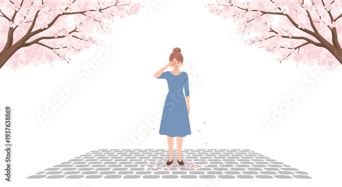 A young woman in a blue dress stands on a paved path, rubbing her irritated eye and nose under falling cherry blossom petals.