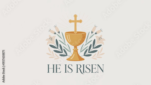 Easter symbol with golden chalice cross and floral leaves on beige background he is risen