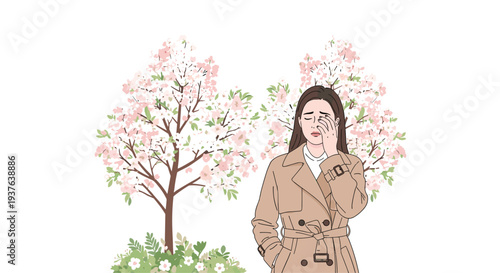 An illustrated woman in a beige trench coat covers her face in distress, standing between two blooming cherry blossom trees against a white background.