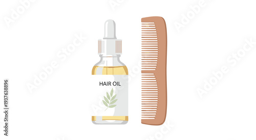 A clear glass dropper bottle of hair oil, featuring a green leaf label, is placed next to a light brown wooden comb on a clean white background.