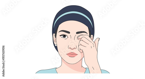 A woman wearing a blue headband is carefully pulling down her lower eyelid with one hand, focusing on her eye.