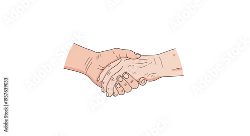 Two distinct hands, one youthful and one aged, are firmly shaking hands in a gesture of connection on a plain white background.
