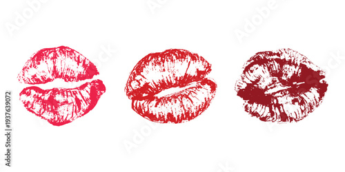 Set of lipstick kiss print Different shapes and colors imprint of lips Red pink female sexy lips makeup Design elements for beauty fashion poster Valentines Day wedding