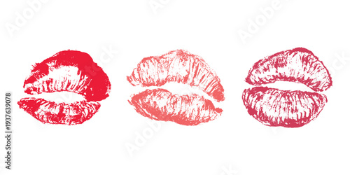 Set of lipstick kiss print Different shapes and colors imprint of lips Red pink female sexy lips makeup Design elements for beauty fashion poster Valentines Day wedding