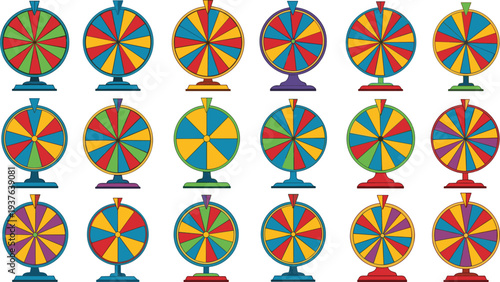 Colorful Prize Spinner Wheel Collection for Carnival Game Show Lucky Draw Contest Casino Promotion and Random Selection Vector Illustration.