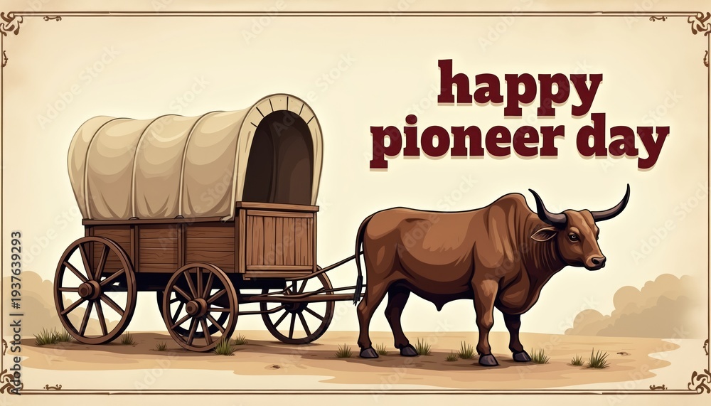 Fototapeta premium Vintage ox-drawn covered wagon illustration for Pioneer Day celebration. Western style artwork depicts bull and wagon in rustic landscape. Retro transport theme for historical event.