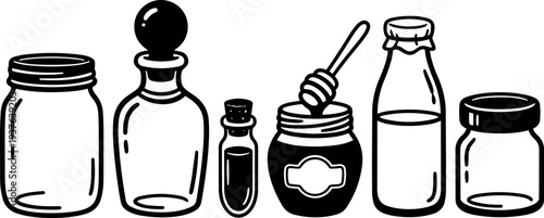 Line art close up of assorted glass jars bottles and honey jar with dipper arranged in a row simple outline