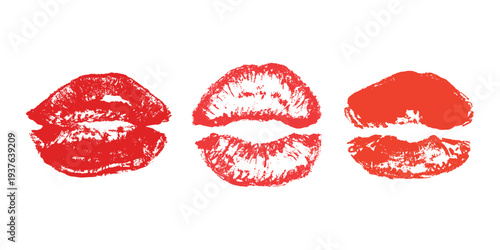 Set of lipstick kiss print Different shapes and colors imprint of lips Red pink female sexy lips makeup Design elements for beauty fashion poster Valentines Day wedding