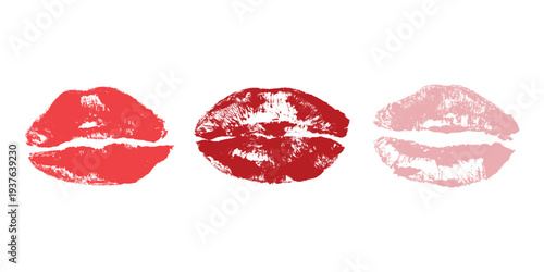 Set of lipstick kiss print Different shapes and colors imprint of lips Red pink female sexy lips makeup Design elements for beauty fashion poster Valentines Day wedding