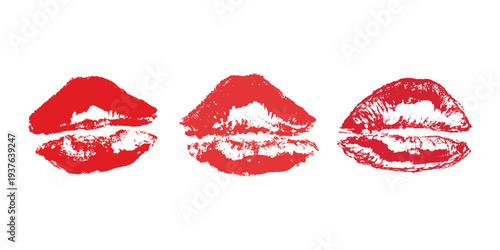Set of lipstick kiss print Different shapes and colors imprint of lips Red pink female sexy lips makeup Design elements for beauty fashion poster Valentines Day wedding