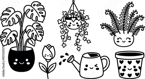 Line art kawaii potted plants hanging ivy monstera watering can tulip smiling faces close up playful black ink outline minimal