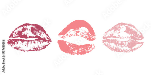 Set of lipstick kiss print Different shapes and colors imprint of lips Red pink female sexy lips makeup Design elements for beauty fashion poster Valentines Day wedding