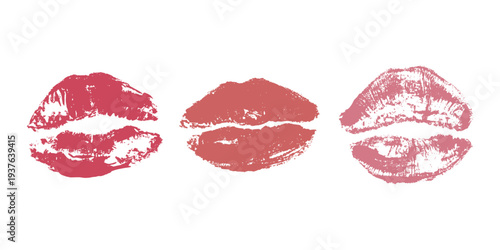 Set of lipstick kiss print Different shapes and colors imprint of lips Red pink female sexy lips makeup Design elements for beauty fashion poster Valentines Day wedding