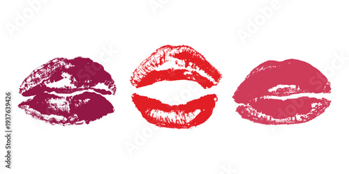 Set of lipstick kiss print Different shapes and colors imprint of lips Red pink female sexy lips makeup Design elements for beauty fashion poster Valentines Day wedding