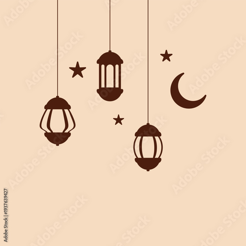 Modern Ramadan Kareem vector with hanging lanterns, crescent moon, and stars in warm brown silhouette style