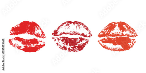 Set of lipstick kiss print Different shapes and colors imprint of lips Red pink female sexy lips makeup Design elements for beauty fashion poster Valentines Day wedding
