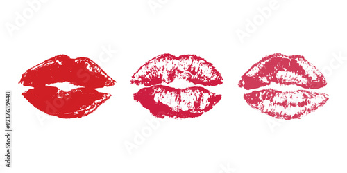 Set of lipstick kiss print Different shapes and colors imprint of lips Red pink female sexy lips makeup Design elements for beauty fashion poster Valentines Day wedding