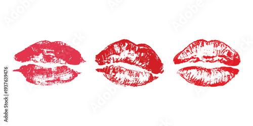 Set of lipstick kiss print Different shapes and colors imprint of lips Red pink female sexy lips makeup Design elements for beauty fashion poster Valentines Day wedding