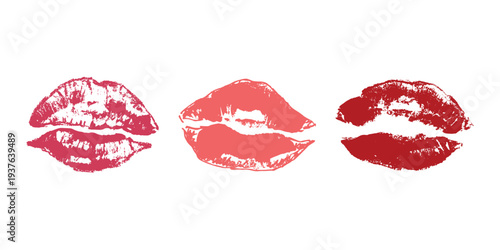 Set of lipstick kiss print Different shapes and colors imprint of lips Red pink female sexy lips makeup Design elements for beauty fashion poster Valentines Day wedding