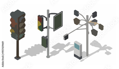 Isometric Traffic Signal Equipment for Boulevard Design Vector Set