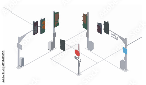 Isometric Boulevard Traffic Light and Street Signal Vector Collection