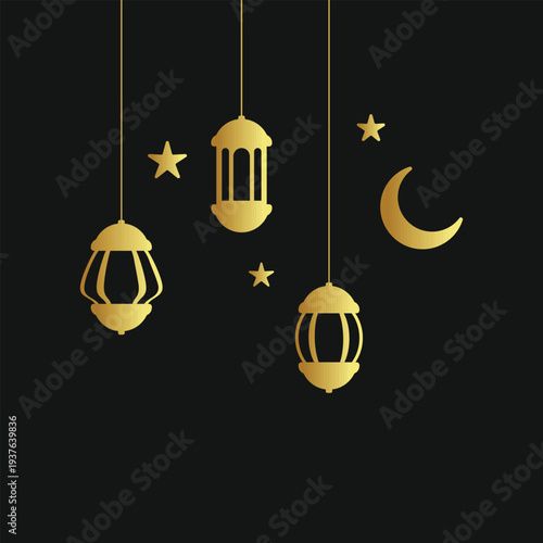 Golden hanging Ramadan lanterns with moon and stars on dark background for Islamic holidays and Eid Mubarak greeting cards