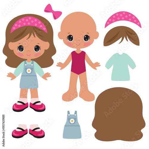 Cute little  fashion paper doll girl vector cartoon illustration