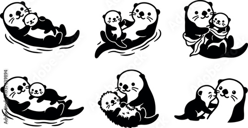 Flat design sea otter mother holding baby floating on water close up looking at viewer minimal ink vector art
