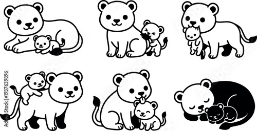Line art playful lioness and cubs in six pose icons close up sitting sleeping carrying grooming minimal outline vector set