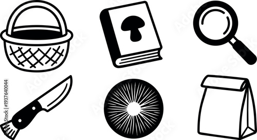 Line art icon set foraging kit close up picnic basket magnifying glass mushroom field guide folding knife paper bag simple