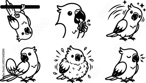 Line art cockatoo sticker set showing hanging feeding preening fluffed perched parrot with expressive crest and bold outline cute monochrome