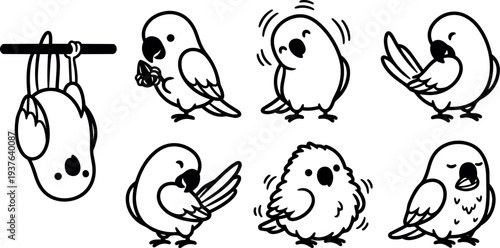 Line art cute parrot icon set showing seven playful poses including hanging upside down preening shaking head grooming fluffing