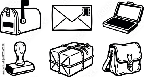 Line art close up postal icon set showing mailbox envelope rubber stamp tied parcel and messenger satchel in flat bold vector style