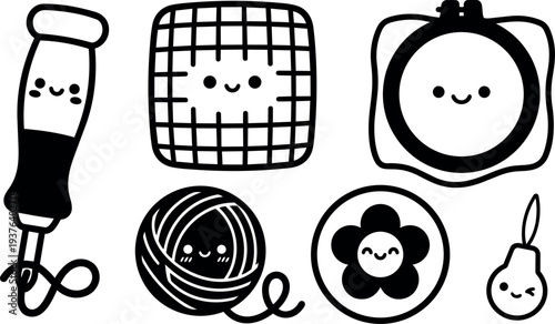 Line art kawaii close up sewing icons smiling embroidery hoop yarn ball seam ripper fabric patch flower button pear stitching
