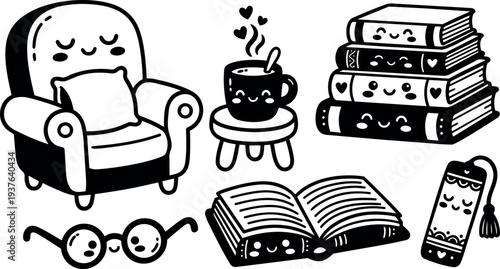 Whimsical kids doodle close up smiling armchair with pillow cup on stool stacked books open book and glasses cute bookmark