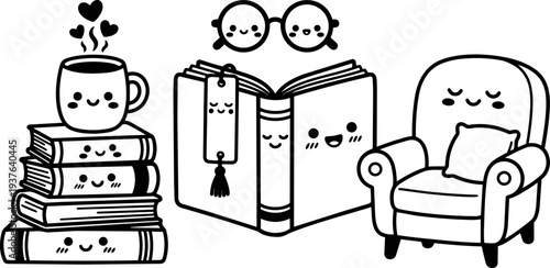Kawaii line art cozy reading scene with smiling books cup glasses armchair close up front view calm mood gentle expression
