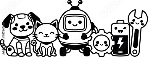 Kawaii line art robot with dog and cat gear battery and wrench lineup smiling facing forward playful minimal vector illustration