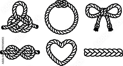 Line art nautical rope knot set showing six decorative rope designs with heart loop bow round coil and braid border