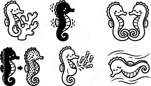 Line art closeup smiling seahorse icon set showing coral feeding pair dotted silhouette stickers for nursery decor playful black white