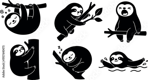 Flat design playful sloth icons showing six poses including sleeping climbing yawning hugging branch swimming black vector silhouettes cute minimalist