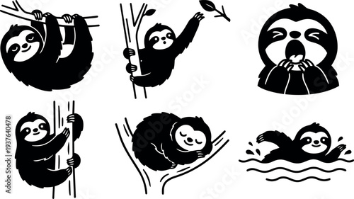 Minimalist vector sloth icon set showing hanging climbing sleeping yawning swimming smiling faces close up playful forest branch poses cute