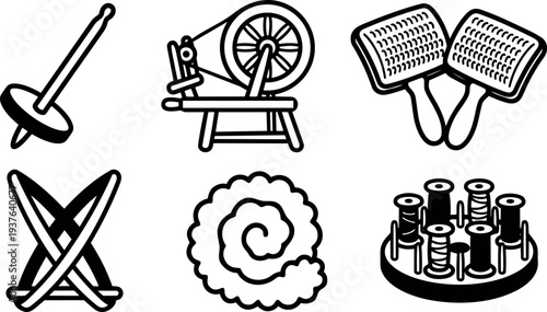 Line art textile tools set with spinning wheel drop spindle hand carders wool rolags bobbins and crossed knitting needles