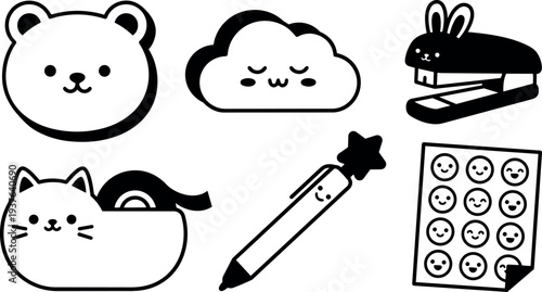 Kawaii flat design close up stationery icons set bear cloud cat tape dispenser star pencil sticker sheet black outlines minimal